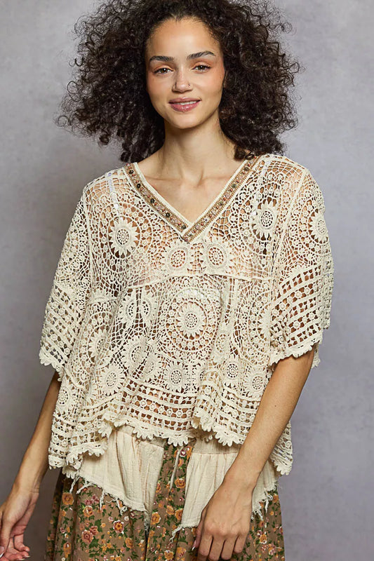 POL V-Neck Crochet Top with Scalloped Hem In Natural Front View