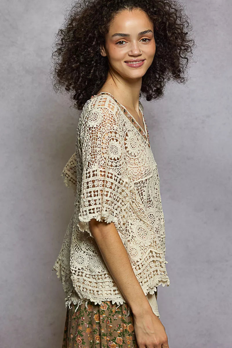 POL V-Neck Crochet Top with Scalloped Hem In Natural Side View