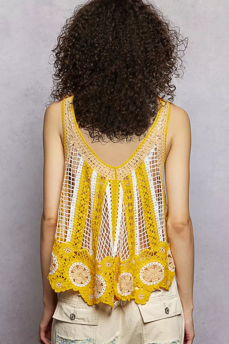 POL Yellow Multi Openwork Stripe Pattern Flowy Tank with Scalloped Edge Back