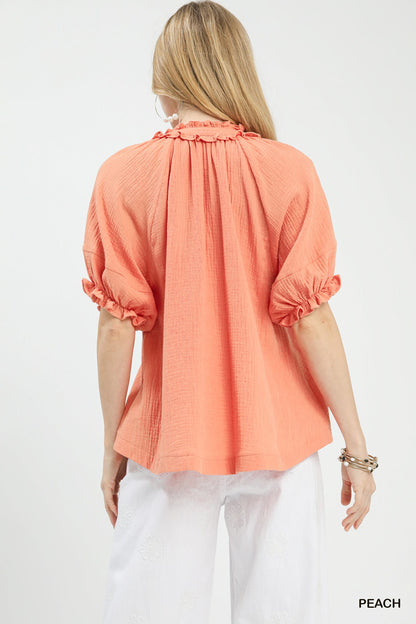 Peach Cotton Gauze Ruffle Top by Umgee Back View