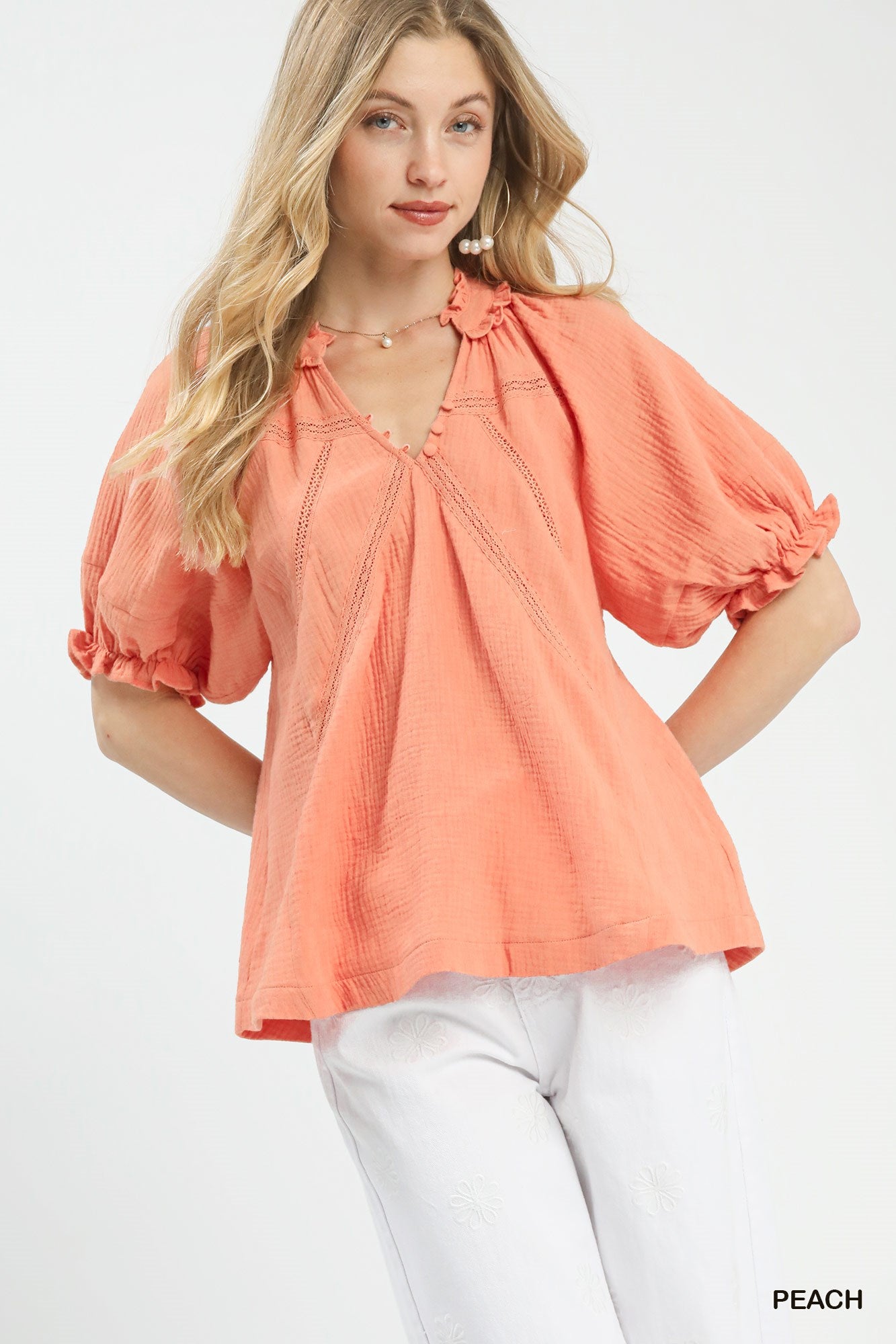 Peach Cotton Gauze Ruffle Top by Umgee Front View