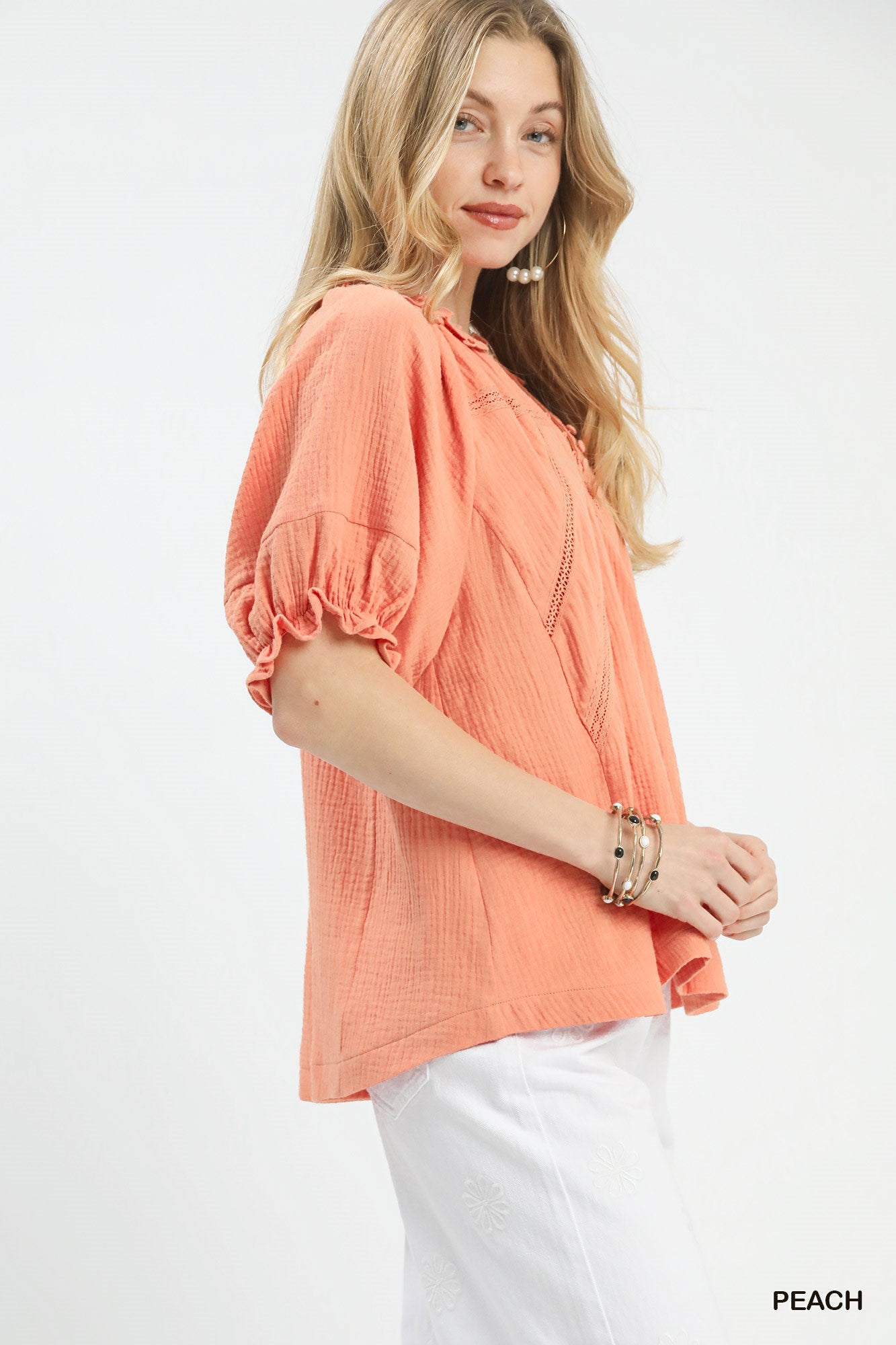 Peach Cotton Gauze Ruffle Top by Umgee Side View
