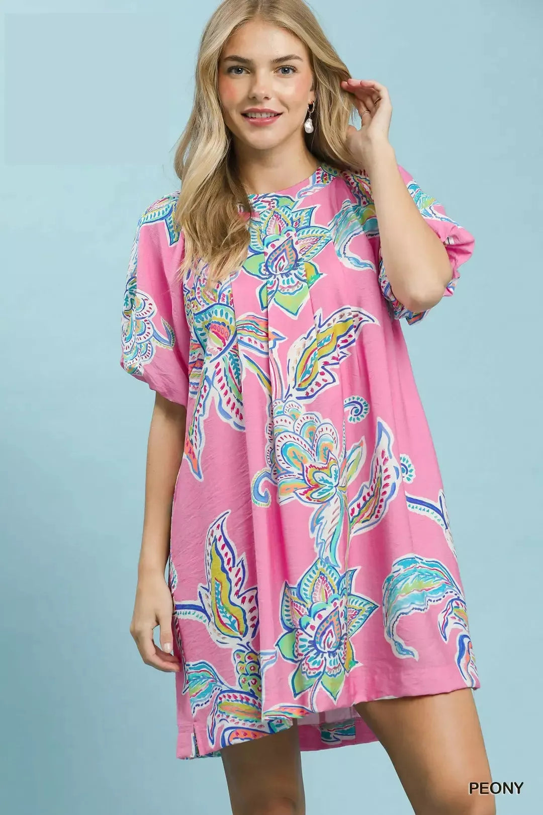Peony Boho Floral Print Mini Dress with Pockets by Umgee Front View