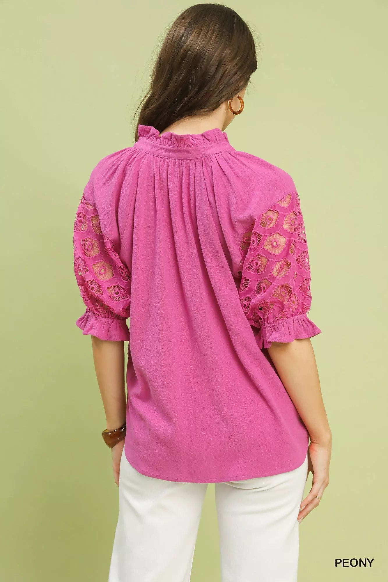Peony Linen Blend V-Neck Lace Puff Sleeve Top by Umgee Back View