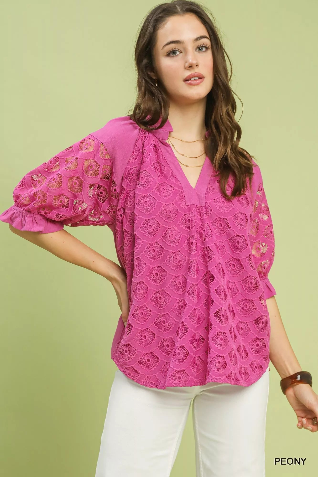 Peony Linen Blend V-Neck Lace Puff Sleeve Top by Umgee Front View