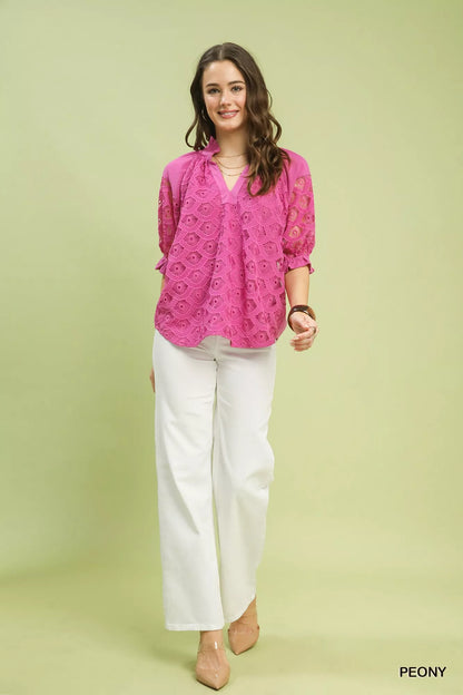 Peony Linen Blend V-Neck Lace Puff Sleeve Top by Umgee Full View