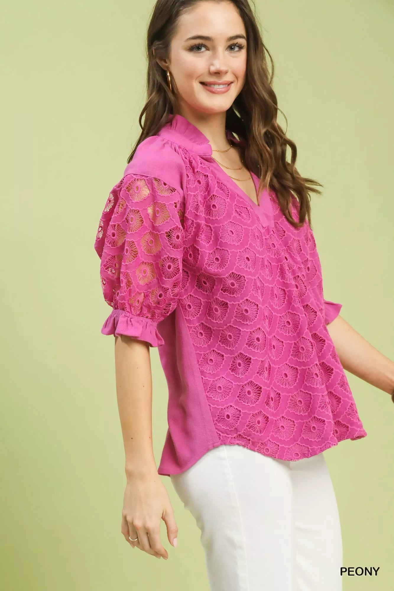 Peony Linen Blend V-Neck Lace Puff Sleeve Top by Umgee Side View