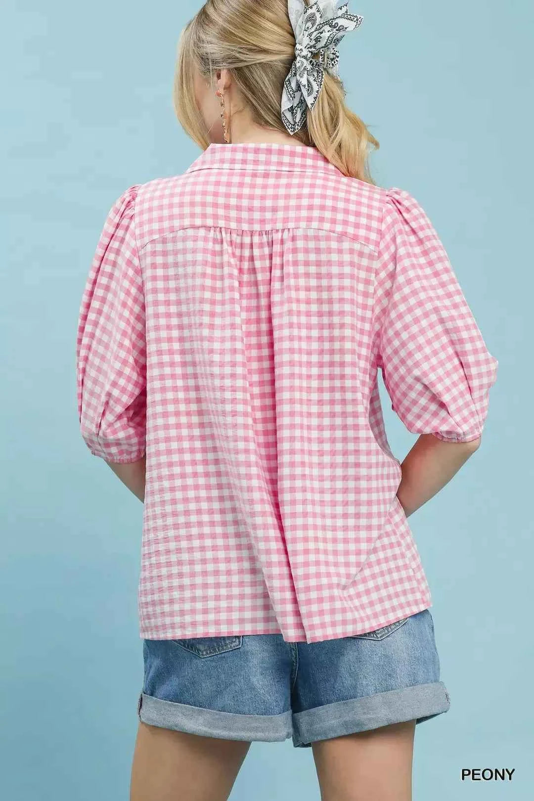 Peony Pink Gingham Puff Sleeve Collared Blouse by Umgee Back View