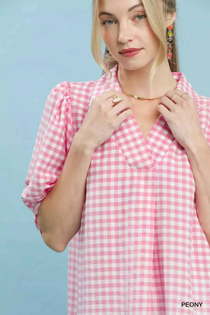 Peony Pink Gingham Puff Sleeve Collared Blouse by Umgee Close View