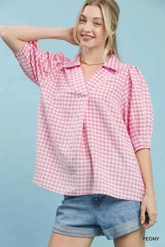 Peony Pink Gingham Puff Sleeve Collared Blouse by Umgee Front View