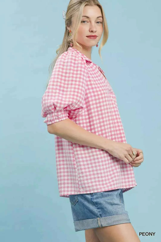 Peony Pink Gingham Puff Sleeve Collared Blouse by Umgee Side View