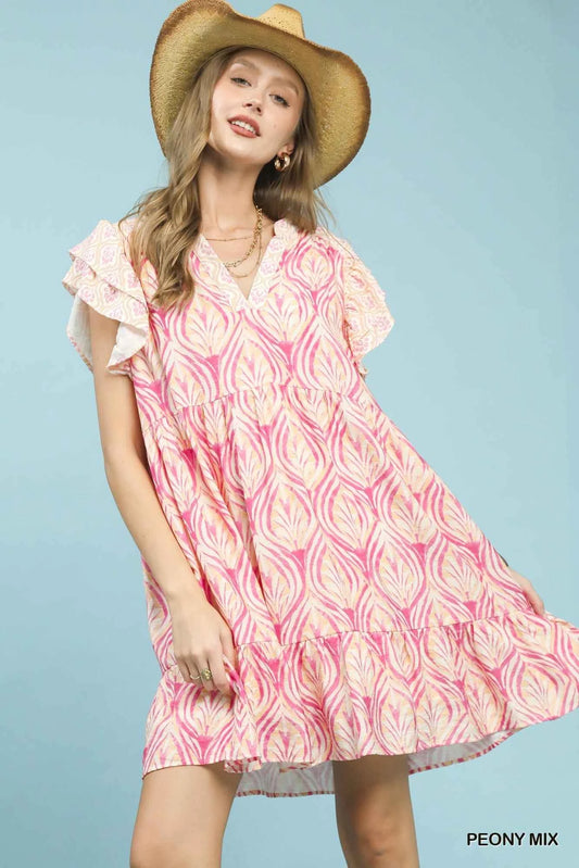 Peony Pink Mix Printed Flutter Sleeve Dress by Umgee