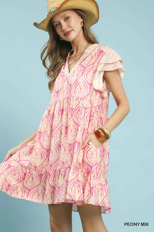 Peony Pink Mix Printed Flutter Sleeve Dress by Umgee