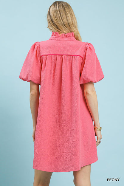 Peony Pink Seersucker Puff Sleeve Dress with Pockets by Umgee Back View