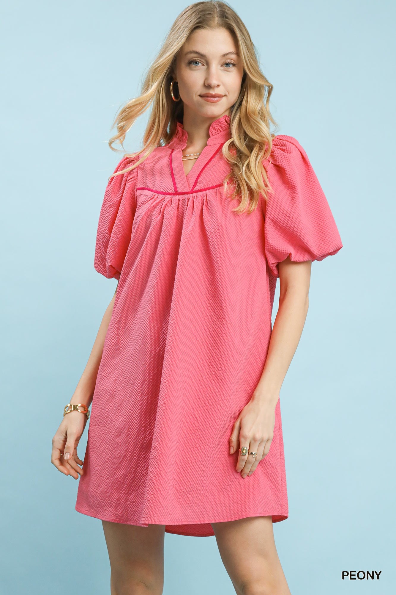 Peony Pink Seersucker Puff Sleeve Dress with Pockets by Umgee Front View