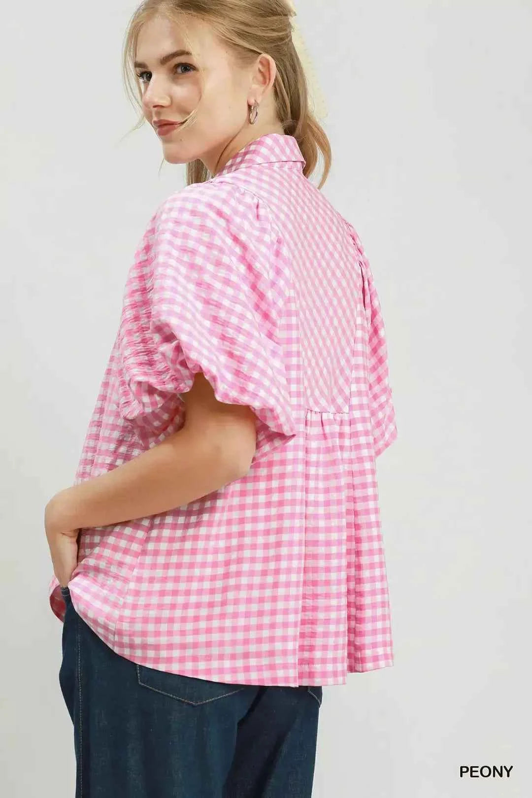 Peony Pink Smocked Yoke Puff Sleeve Gingham Blouse by Umgee