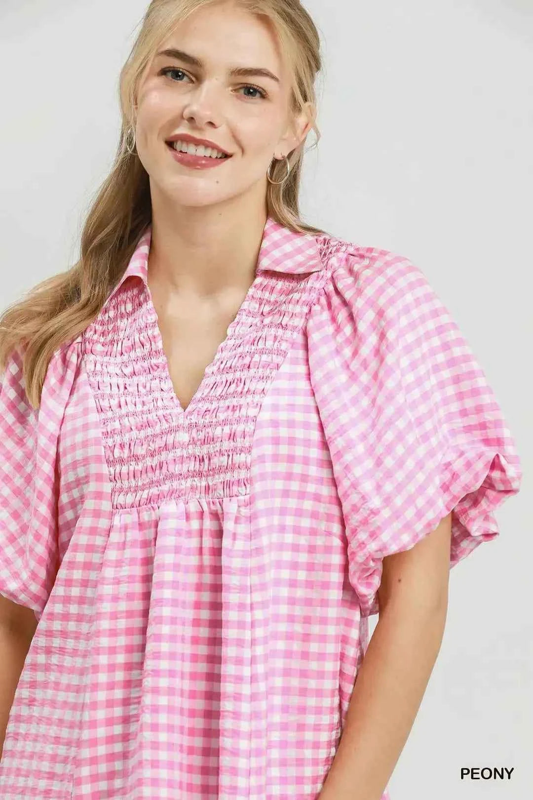 Peony Pink Smocked Yoke Puff Sleeve Gingham Blouse by Umgee