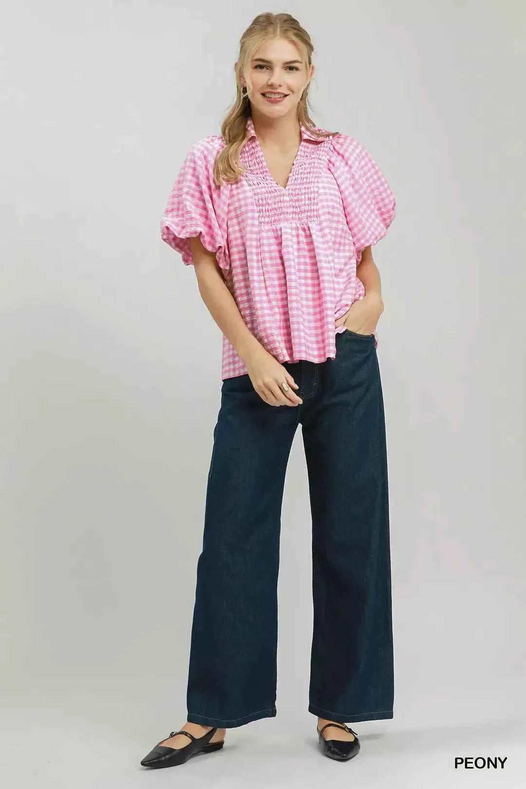 Peony Pink Smocked Yoke Puff Sleeve Gingham Blouse by Umgee