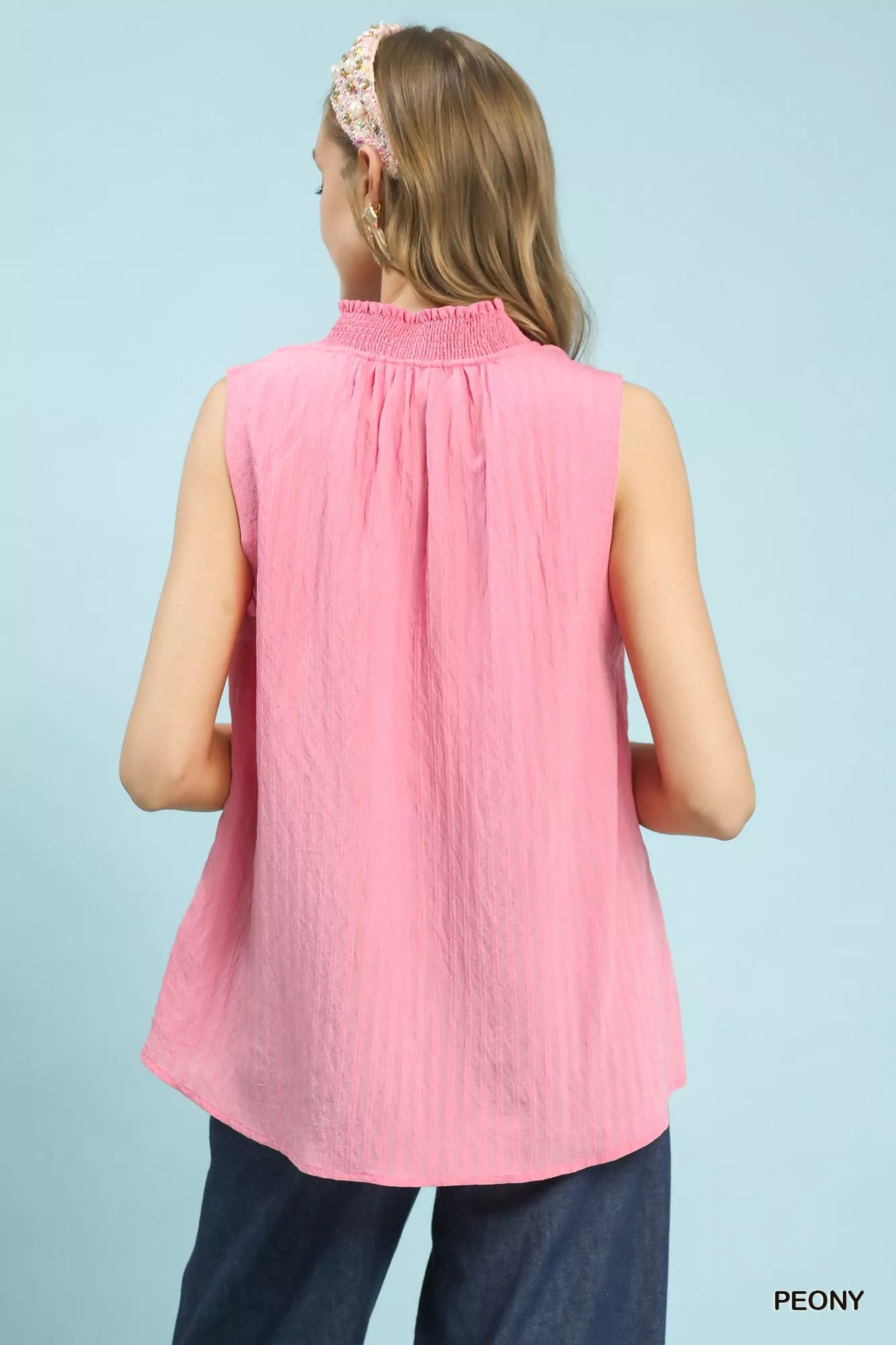 Peony Sleeveless Textured Notch Neck Top by Umgee | Lightweight Chic Blouse Back View