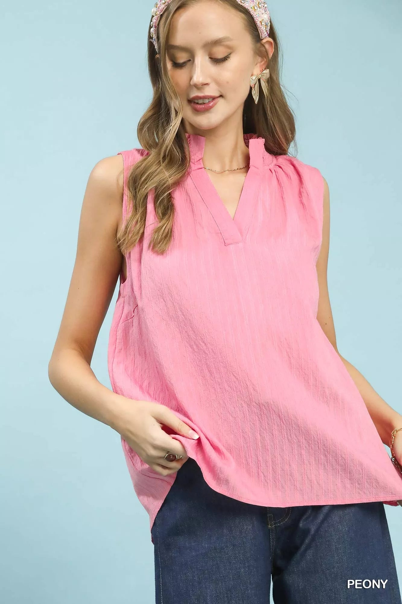 Peony Sleeveless Textured Notch Neck Top by Umgee | Lightweight Chic Blouse Front View