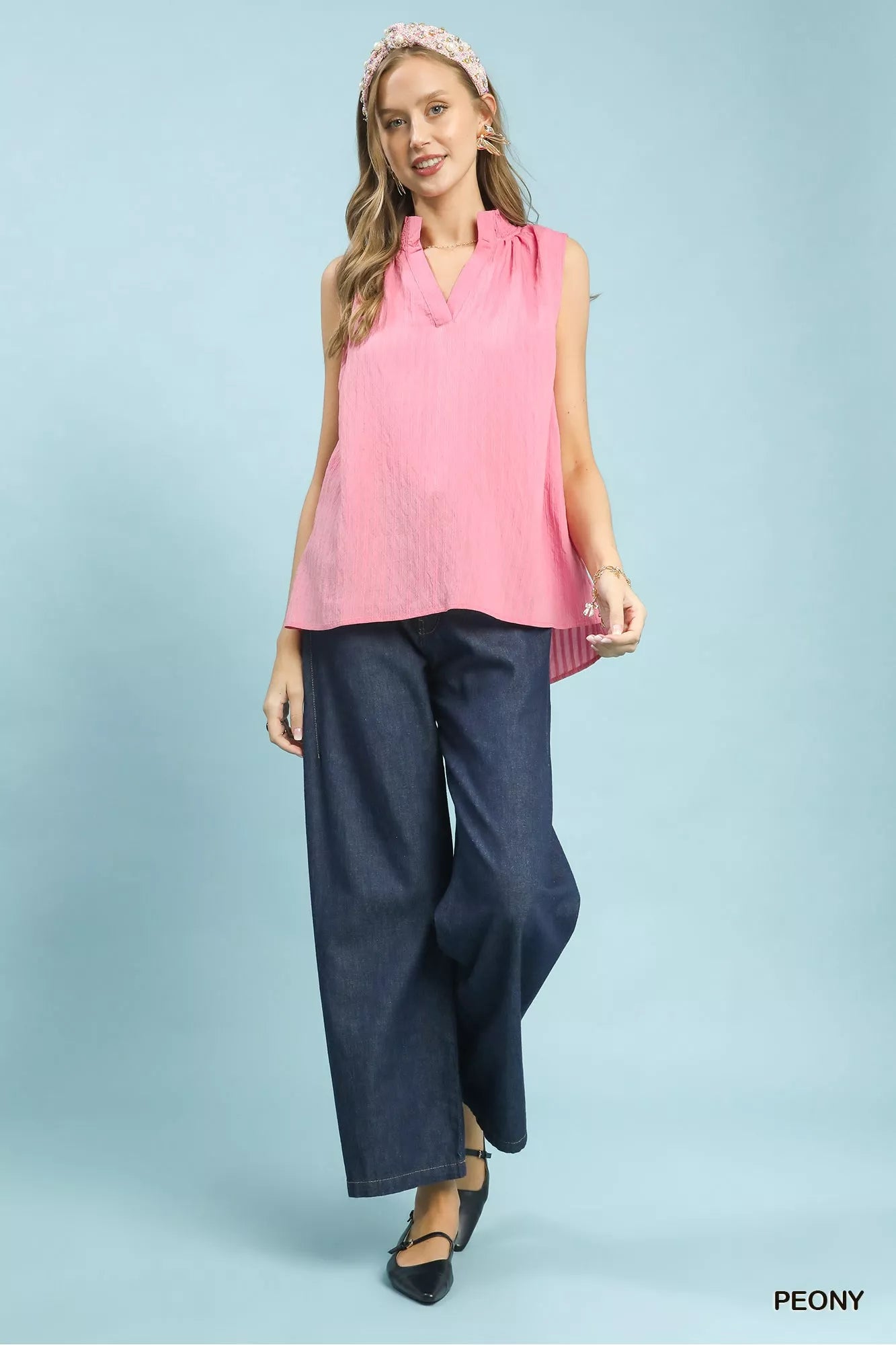 Peony Sleeveless Textured Notch Neck Top by Umgee | Lightweight Chic Blouse Full View