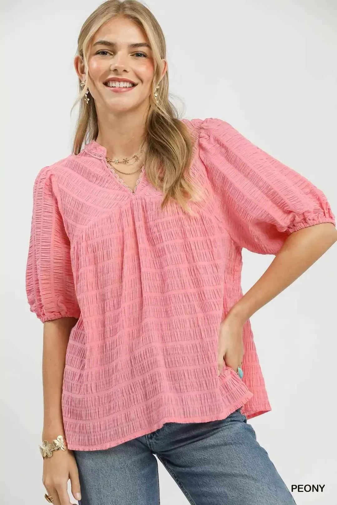Peony Textured Puff Sleeve Blouse by Umgee