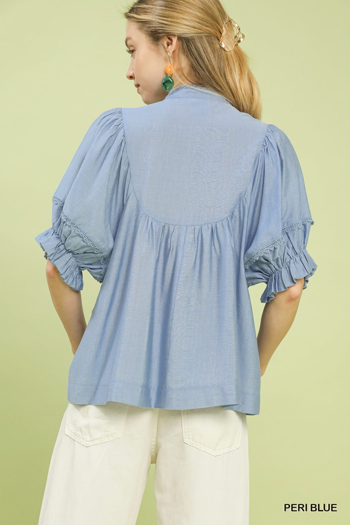 Periwinkle Blue Smocked Yoke Blouse with Ruffle Sleeves by Umgee Back View
