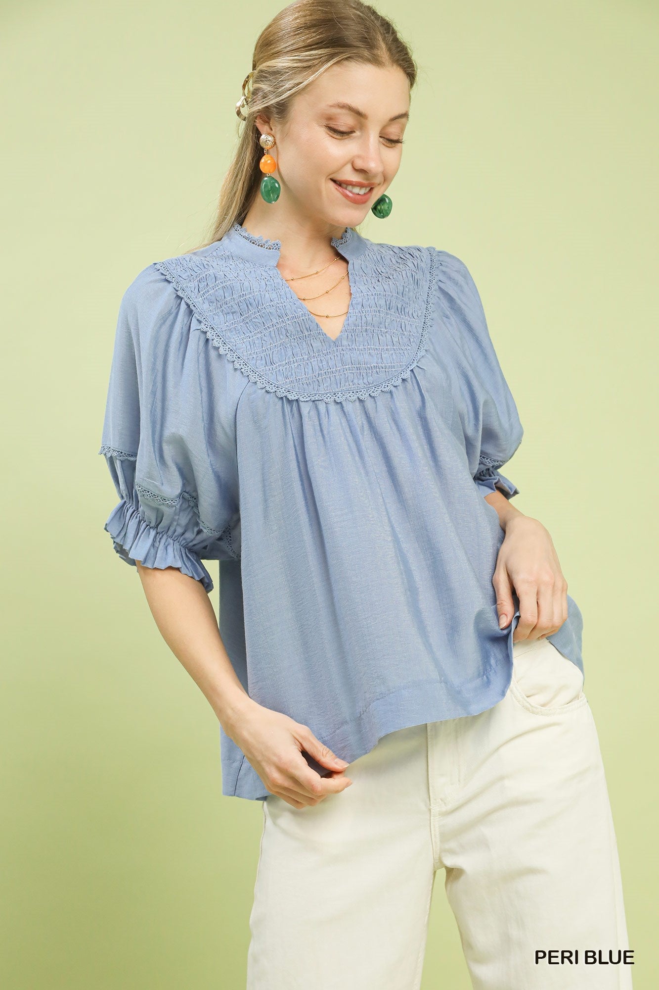 Periwinkle Blue Smocked Yoke Blouse with Ruffle Sleeves by Umgee Front View