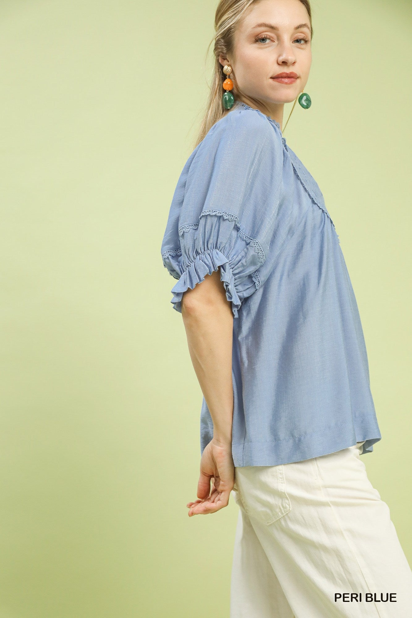 Periwinkle Blue Smocked Yoke Blouse with Ruffle Sleeves by Umgee Side View