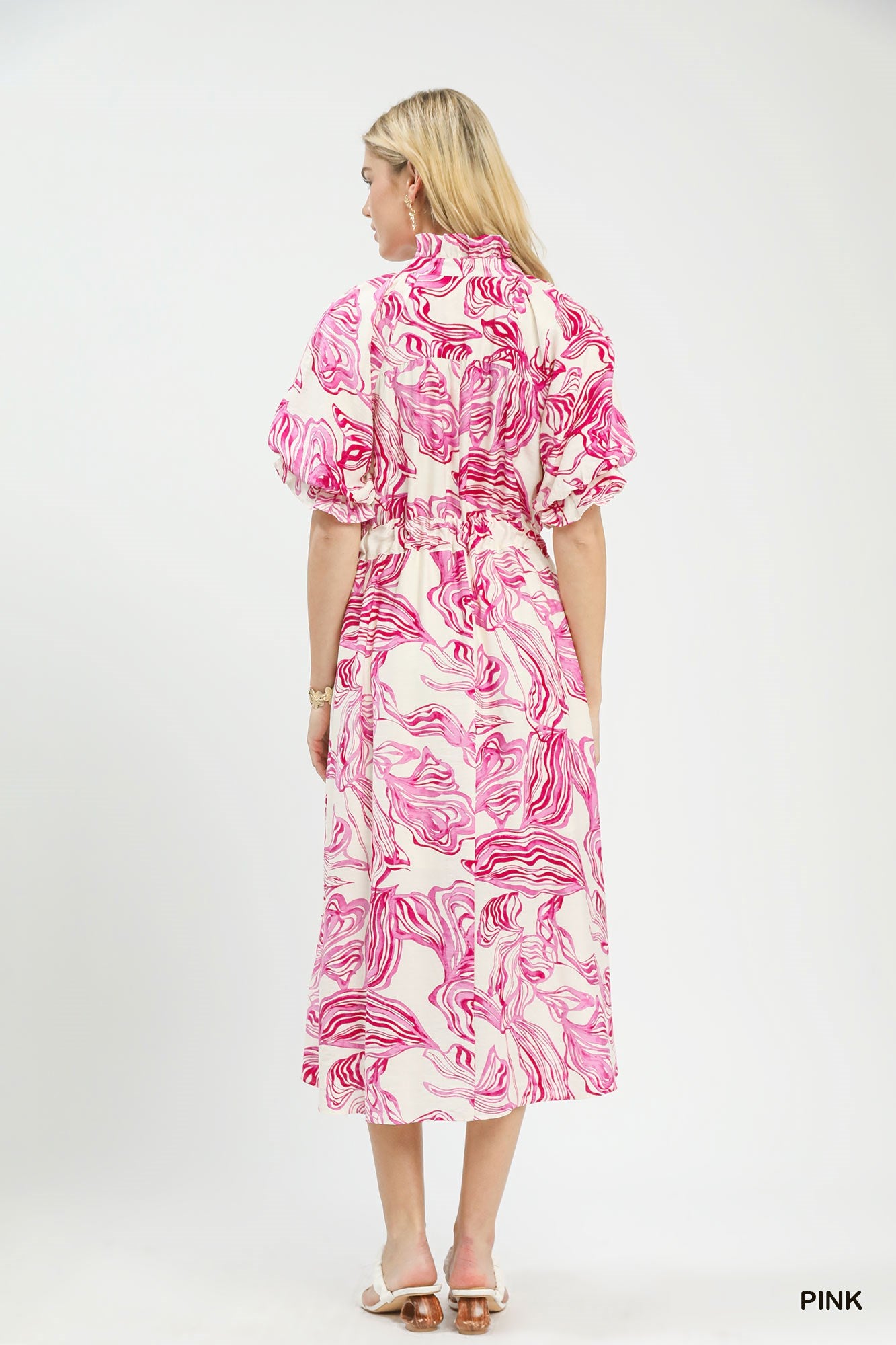 Pink Abstract Print Smocked Tie Waist Midi Dress W/ Pockets by Umgee Back View