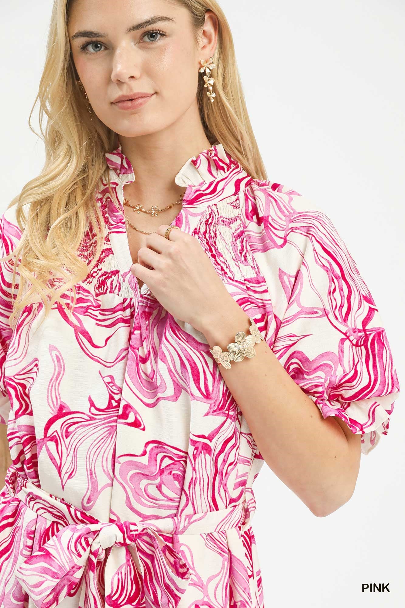 Pink Abstract Print Smocked Tie Waist Midi Dress W/ Pockets by Umgee Close Up