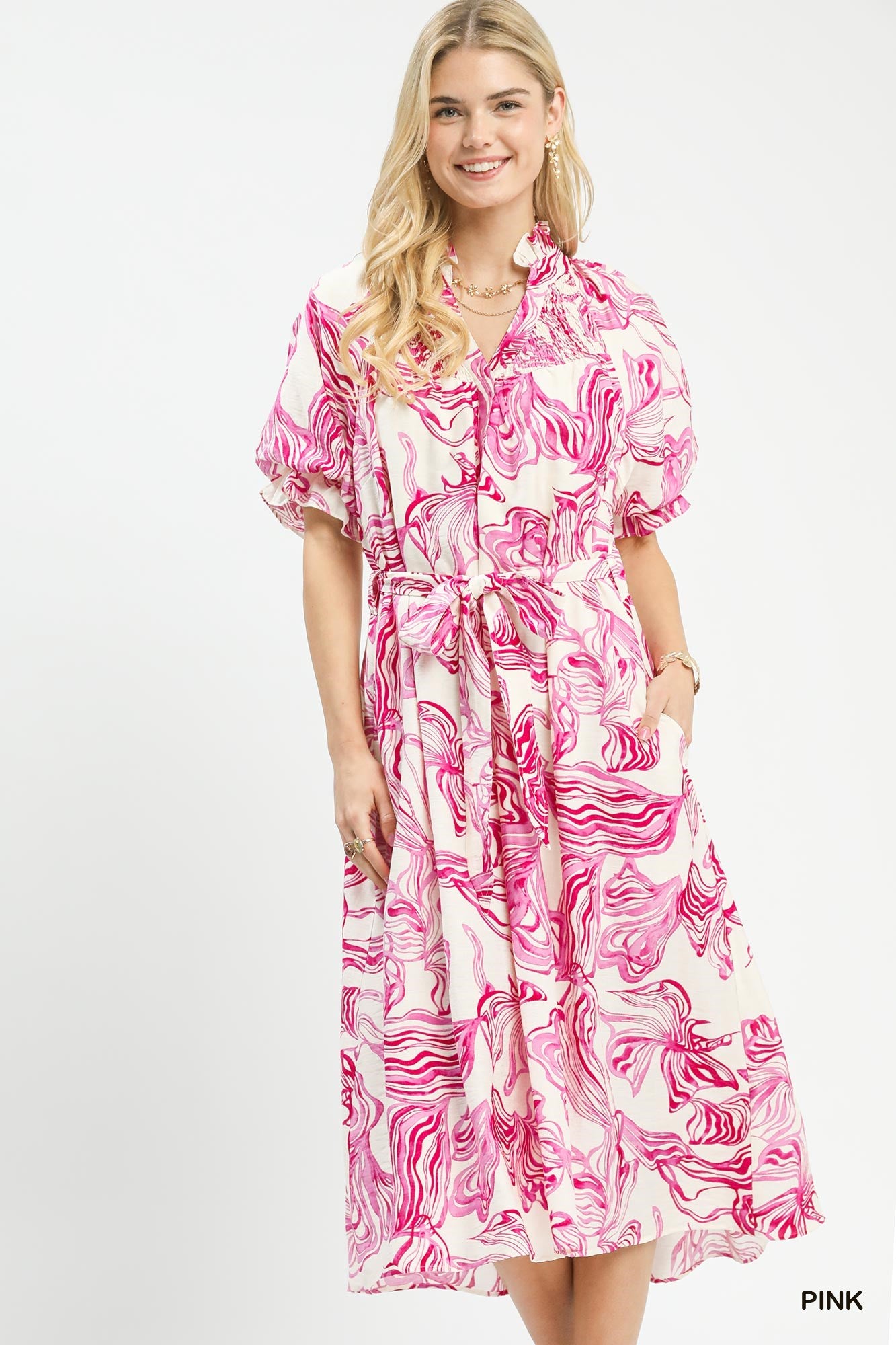 Pink Abstract Print Smocked Tie Waist Midi Dress W/ Pockets by Umgee Front View