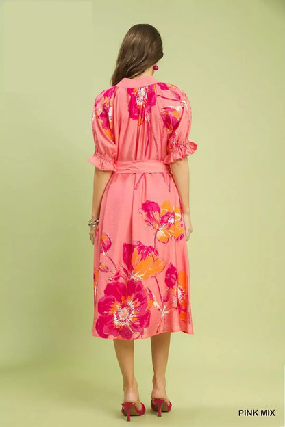 Pink Floral Flounce Sleeve Midi Dress with Belt by Umgee Back View