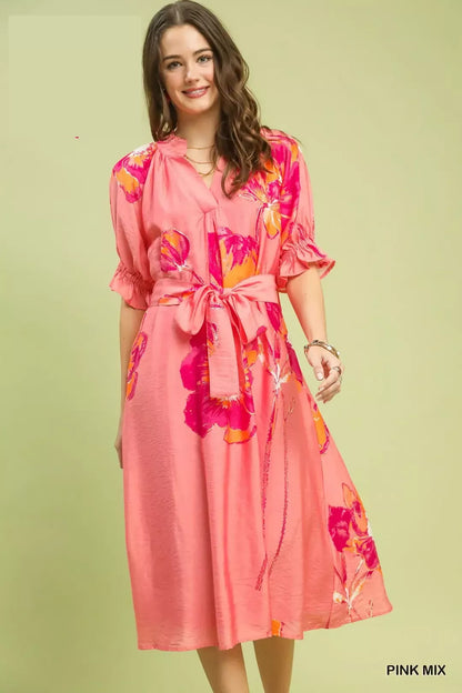 Pink Floral Flounce Sleeve Midi Dress with Belt by Umgee Front View