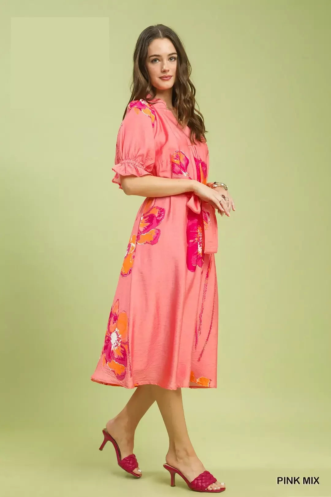 Pink Floral Flounce Sleeve Midi Dress with Belt by Umgee side View