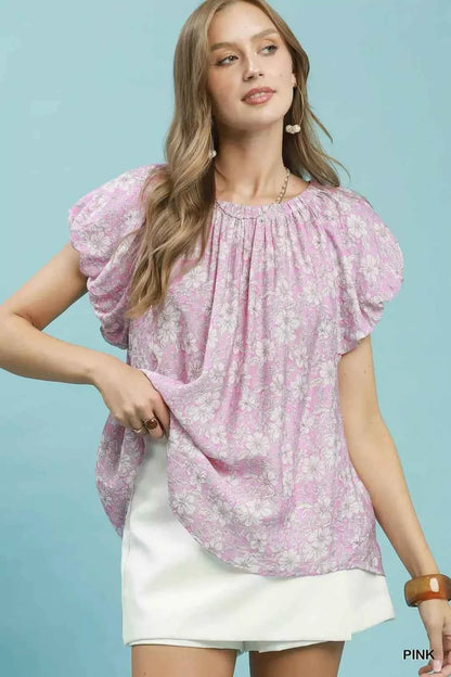 Pink Floral Puff Sleeve Blouse by Umgee
