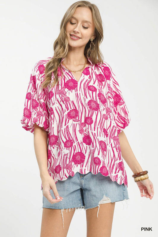 Pink Floral Scalloped Edge Puff Sleeve Blouse by Umgee | Feminine Boho Top  Front View