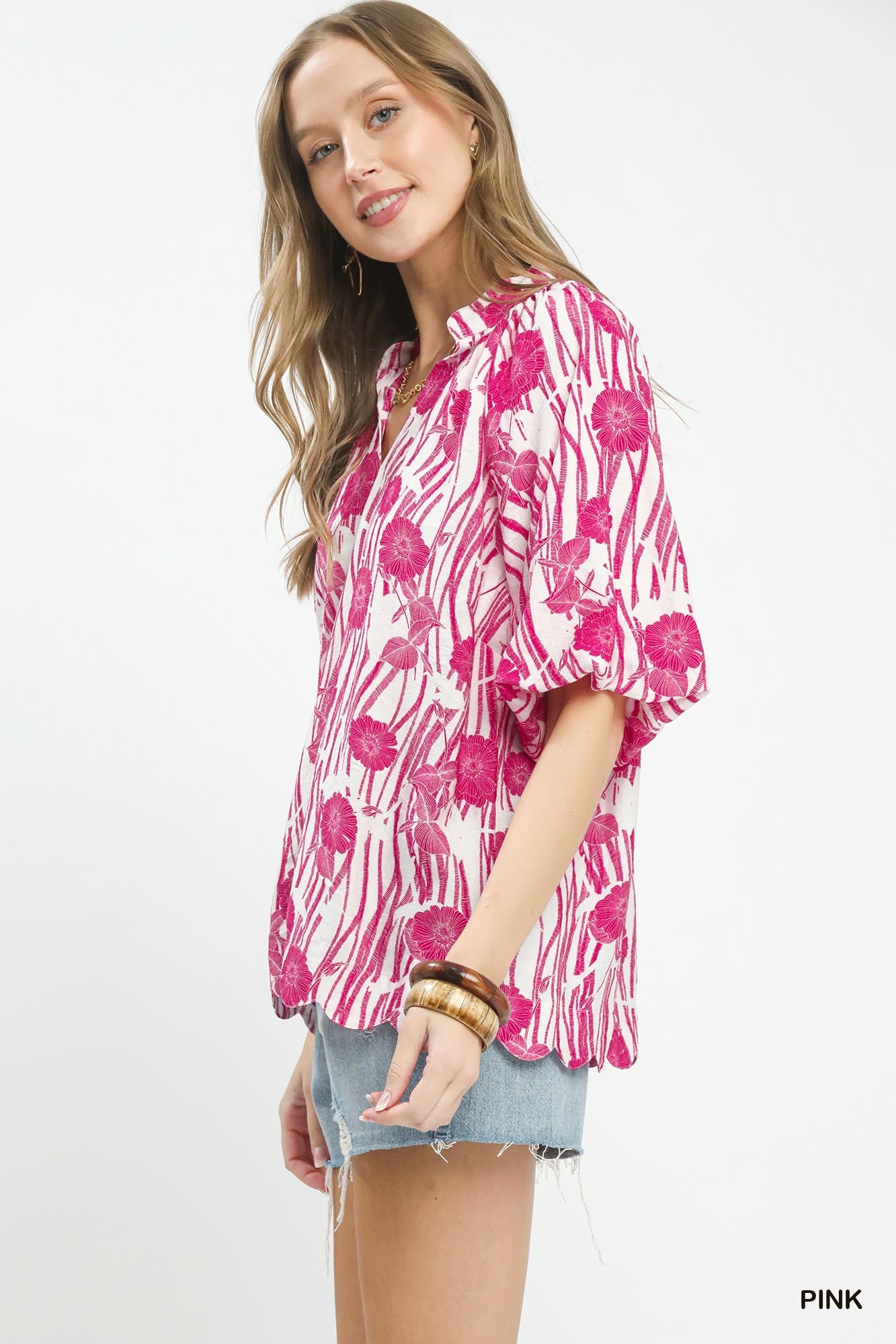 Pink Floral Scalloped Edge Puff Sleeve Blouse by Umgee | Feminine Boho Top Side View