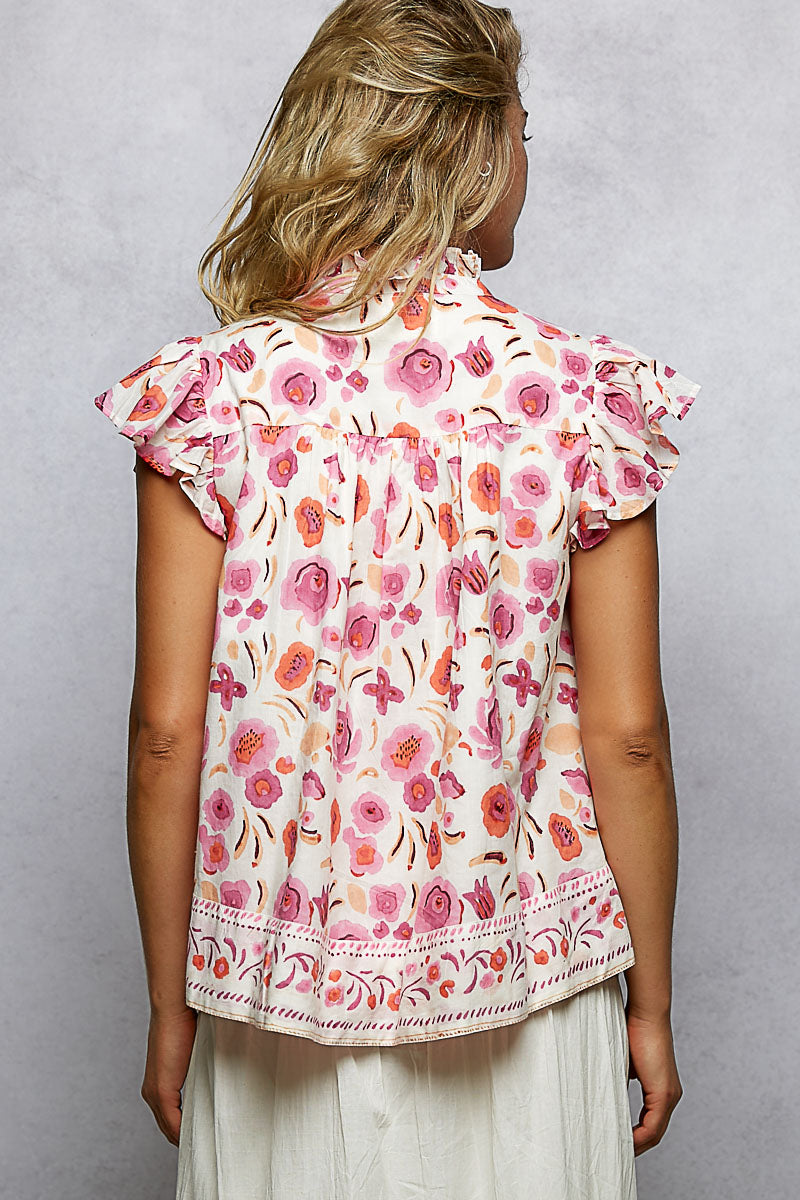 Pink Floral Tassel Tied Flutter Sleeve Blouse by POL Back View