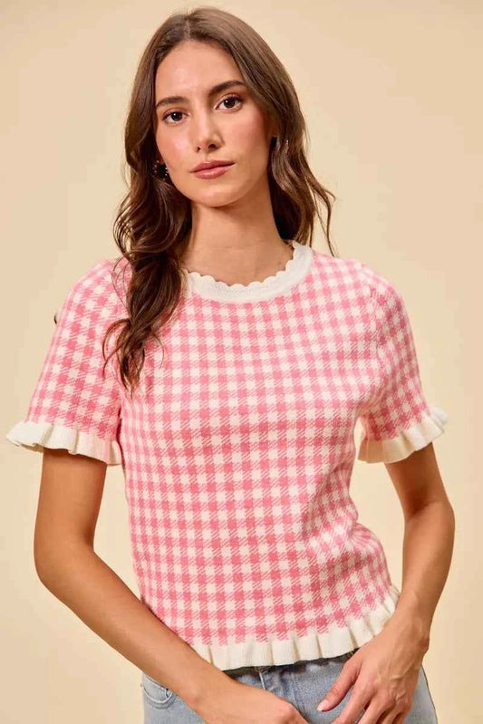 Pink Gingham Knit Ruffled Short Sleeve Sweater Top by So Me Front View