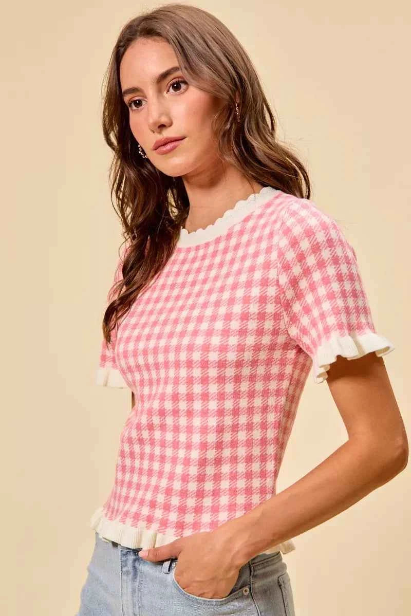 Pink Gingham Knit Ruffled Short Sleeve Sweater Top by So Me Side View