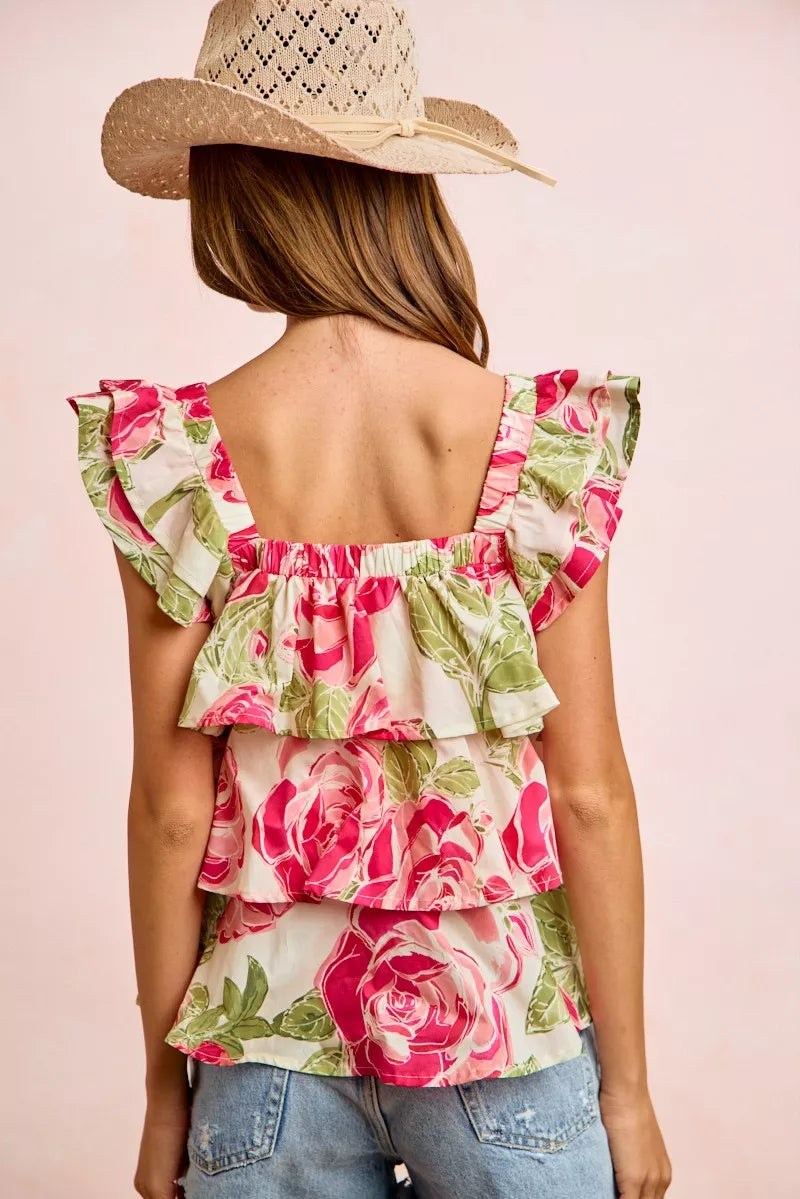 Pink & Green Floral Woven Bow Tie Ruffle Sleeveless Square Neck Top|BiBi Back View