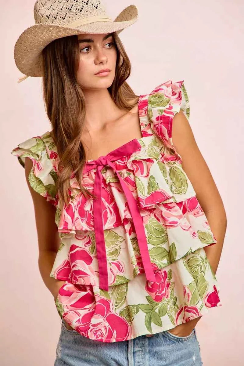 Pink & Green Floral Woven Square Neck Bow Ruffle Sleeveless Top by BiBi