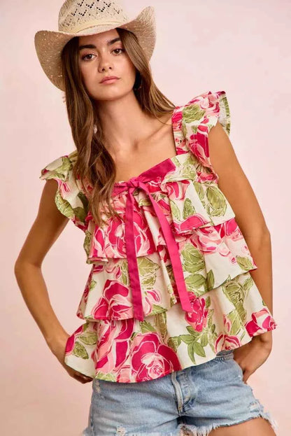 Pink & Green Floral Woven Square Neck Bow Ruffle Sleeveless Top by BiBi