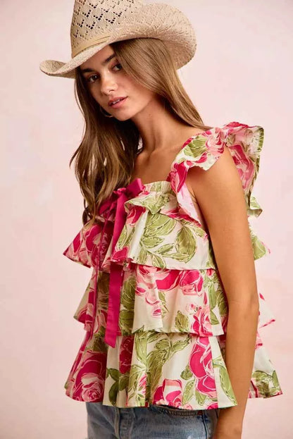 Pink & Green Floral Woven Square Neck Bow Ruffle Sleeveless Top by BiBi