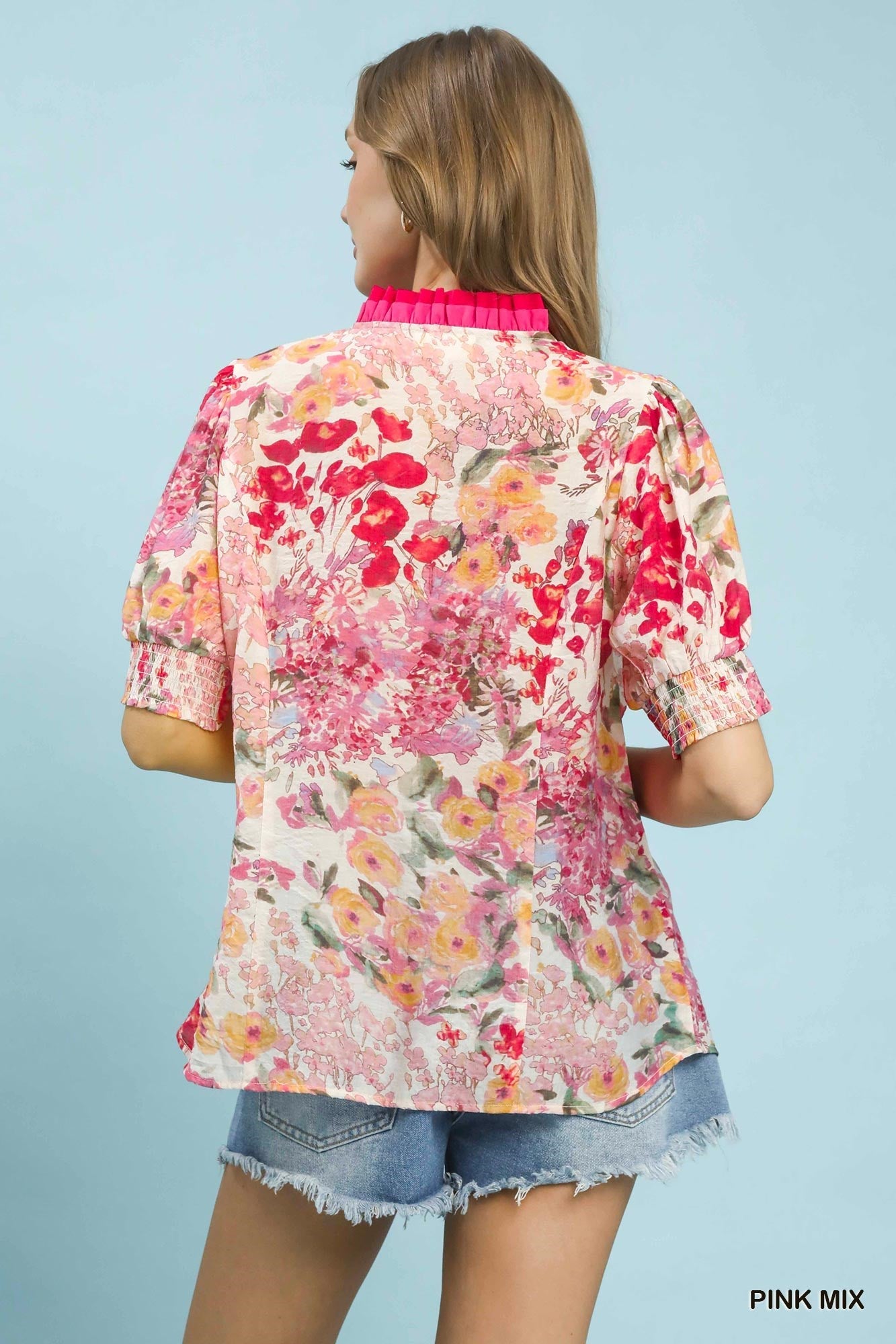 Pink Mix Floral Contrast Pleat Neck Top by Umgee Back View