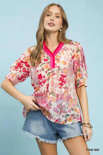 Pink Mix Floral Contrast Pleat Neck Top by Umgee Front view