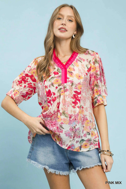 Pink Mix Floral Contrast Pleat Neck Top by Umgee Front view