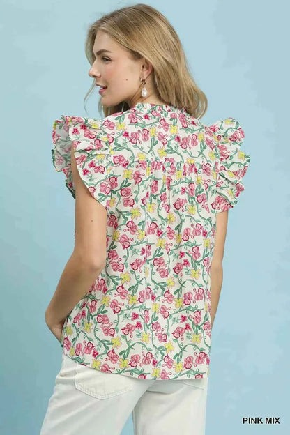 Pink Mix Floral Print Ruffle Cap Sleeve Shirt by Umgee Back View