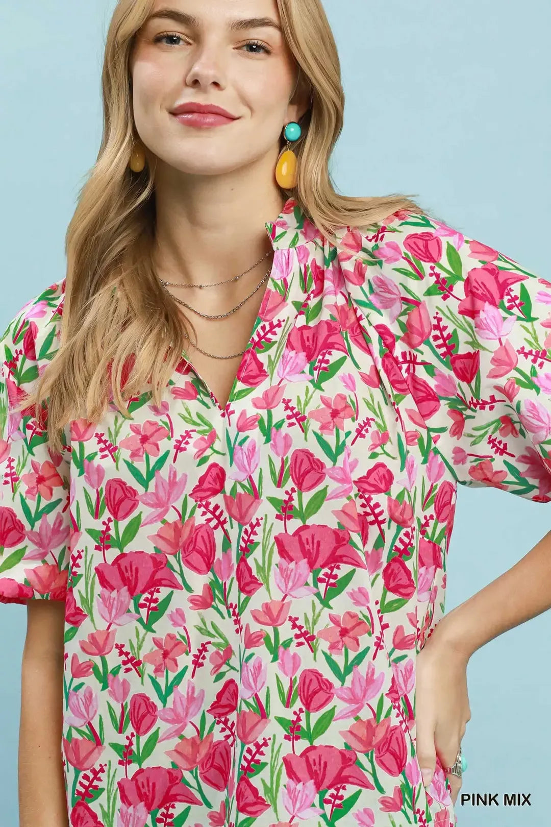 Pink Mix Floral Puff Sleeve Blouse with Scalloped Details by Umgee Close View